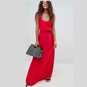 Red V-neck wrap tie front maxi dress.